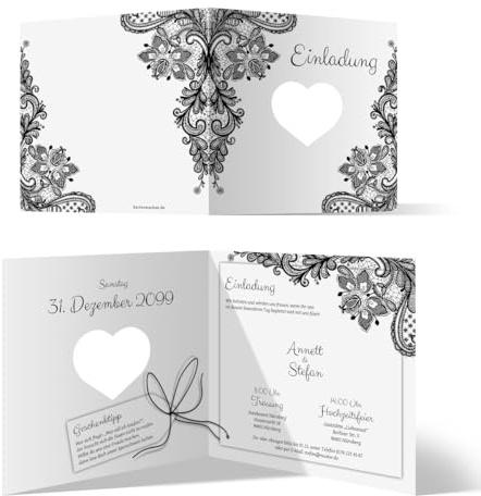 Kartenmachen.de Personalisierte 10-100x Hochzeit Einladungskarten Hochzeitseinladungen - Rustikal Schwarz Weiß - mit Herzstanze, dickes 300g/qm Papier, 148x148mm, Umschläge optional