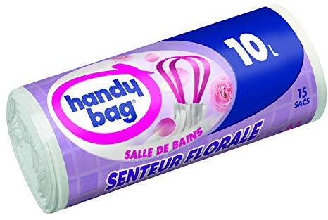 Handy Bag Rollo de 15 bolsas de basura 10 L, asas deslizantes, ultraresistente, antifugas, 45 x 45 cm, aroma floral de baño