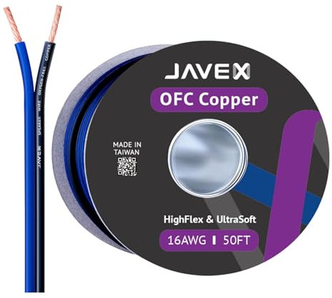 JAVEX Speaker Wire 16-Gauge AWG [0.16mm Strands Oxygen-Free Copper 99.9%] Stranded Copper, Blue/Black, Cable for Hi-Fi Systems, Amplifiers, AV receivers and Car Audio Systems, 15.25M