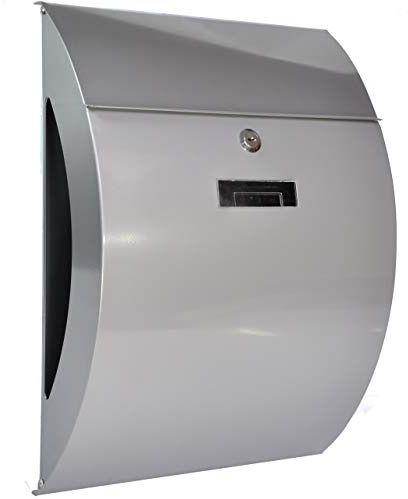 Designer Briefkasten Wandbriefkasten inkl Zeitungsfach wetterfest Silber | Dank Pulverbeschichtung groß elegant, verzinktes Blech Post Mailbox 3 Schlüsseln C4 Einwurf-Format Namensschild