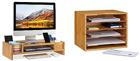 Relaxdays Monitorständer, Bildschirmständer aus Bambus, 14 Fächer, HBT 15x65x28 cm, Natur & Briefablage aus Bambus HBT: ca. 26 x 33 x 24,5 cm Ablagesystem für den Schreibtisch Dokumentenablage, Natur