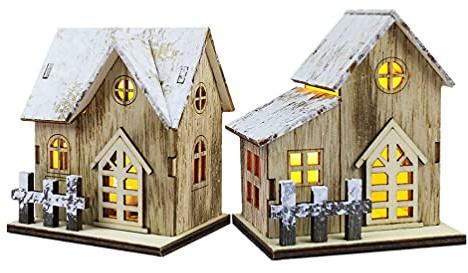 SOLUSTRE LED julhus trä ljushus sänglampa: Trä julhus med belysning 2 stycken vinterhus snöhus miniatyr trähus juldekoration jul fest