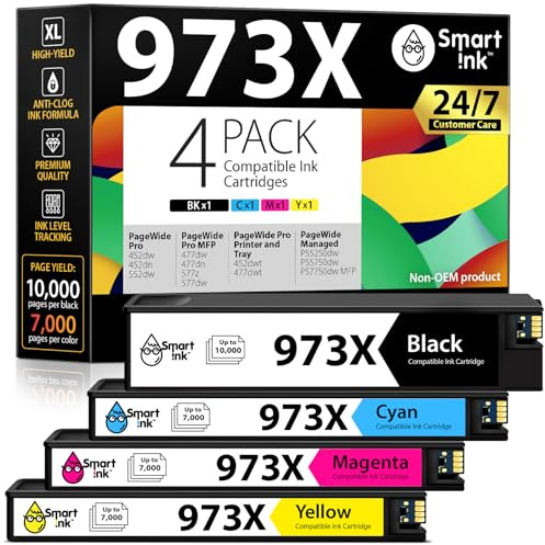 Smart Ink Kompatible Druckerpatronen Kompatibel für HP 973X 973 X (Schwarz, Blau, Rot, Gelb) 4 Multipack Kompatibel mit PageWide Pro 477dw 577dw 452dw 477dn 452dn 577z 552dw P55250dw MFP Drucker