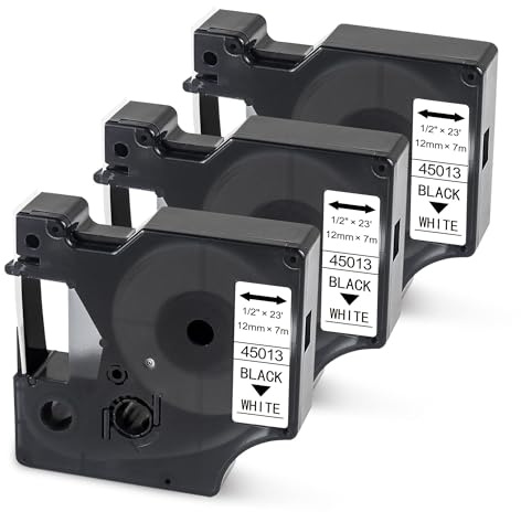 3er-Pack D1 Schriftband kompatibel mit Dymo 45013 S0720530 (12mm x 7m), Schwarz auf Weiß, Ersatzband für Dymo LabelManager 160 210D 280 PnP 420P LabelPoint Etikettendrucker