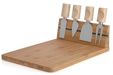 MIJOMA Set 5 pièces avec planche à fromage en bois, couteau à fromage et fourchette à fromage 30 x 20 cm