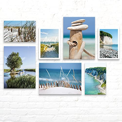 Wunderschönes Ostsee Wandbilder Set - 7 aufhängefertige maritime Strand Wasser Küsten Leinwand-Bilder, mood Wand-Deko für Wohnzimmer Schlafzimmer Landschafts Bilderset je 3x 30x40cm - 4x 30x20cm