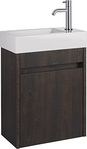 Saqu Florence Gäste WC Waschbecken mit Unterschrank Vormontiert - in Schlossbraun mit Mineralmarmorbecken und chromem Wasserhahn rechts - Kleines Gäste WC Bad Möbel mit Waschtisch