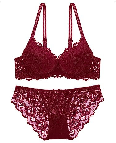 Necalisi Bralettes for Women Push up Bra Wine red Women Lace Push Up Underwear Set Transparent Lace Embroidery Bra and Panty Set Underwired Bra Unpadded Lace Plus Size 70A