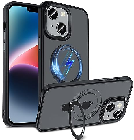 S. Dawezo Magnetisch Ständer Hülle für iPhone 14 Plus, Kompatibel mit Magsafe, Militärschutz, Anti-Fingerabdruck, Stoßfest Unsichtbare Halterungen Handyhülle für iPhone 14 Plus, Schwarz