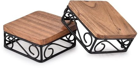 Indus Lifespace Riser Tabletop Square Dessert Stand Risers with Rustic Brown Wood Top Shelf and Metal Wire Base, Set of 2 ( 10.16cm x 10.16cm x 4.44cm)