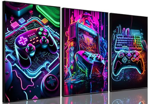 BGFCE Game Room Decor Posters Set of 3 - Neon Gaming Accessories Theme Canvas Wall Art, Gamer Console Paintings Picture Wall Decor for Children Youth Boys Bedroom 16x24 inch Unframed