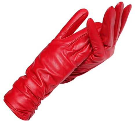 Lederhandschuhe Damen Leder Damenhandschuhe Kurz Damen Lederhandschuhe Schaffell Damen Winterhandschuhe, rot, 6.5