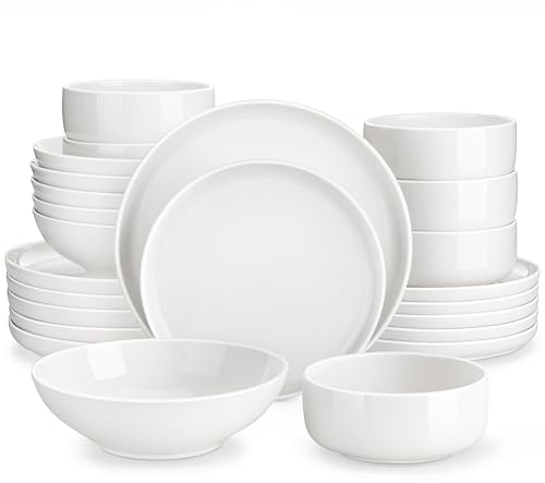 MALACASA 24 Piece Plates and Bowls Sets, Porcelain White Dinner Sets for 6 People Chip Resistant Crockery Set with Dinner Plate/Dessert Plate/Soup Plate/Bowl, Series Luna