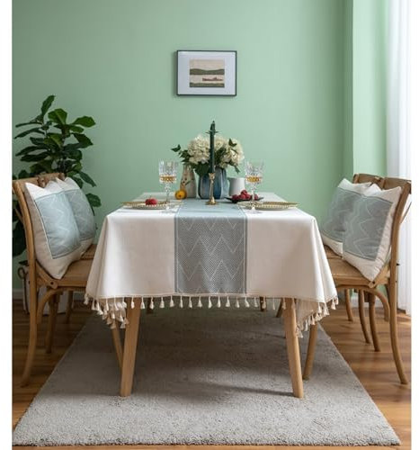 Daesar Tischdecke Abwaschbar Weiß, Tischtuch 140x240CM Outdoor Jacquard Grün Wellen Motiv mit Quasten Tischdecken für Draußen Garten Party Wetterfest