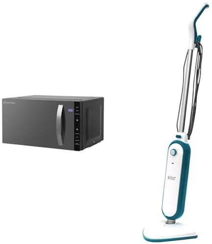 Russell Hobbs RHFM2363B 23 L 800 W Black Digital Flatbed Solo Freestanding Microwave & RHSM1001-G Steam and Clean Steam Mop White & Aqua - Free 2 year guarantee