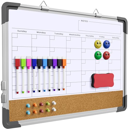Dry Erase Calendar White Board for Wall, Polegas 17 X 13 Magnetic Whiteboard Dry Erase Cork Board Combination, Small Wall Monthly Double Sided Boards Student, Home, Office (White)