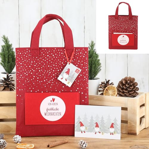 3 x Filz-Geschenktasche Von Herzen fröhliche Weihnachten 22 x 26 cm - Geschenktüte aus Filz - Geschenktaschen Filz für Weihnachten mit Postkarte