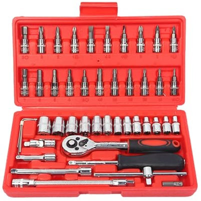 46-Piece 1/4 inch Drive Socket Ratchet Wrench Set, Metric Bit Sockets and Extension Bar with Quick-Release Ratchet for Car Bicycle Motorcycle Repair and Home Maintenance