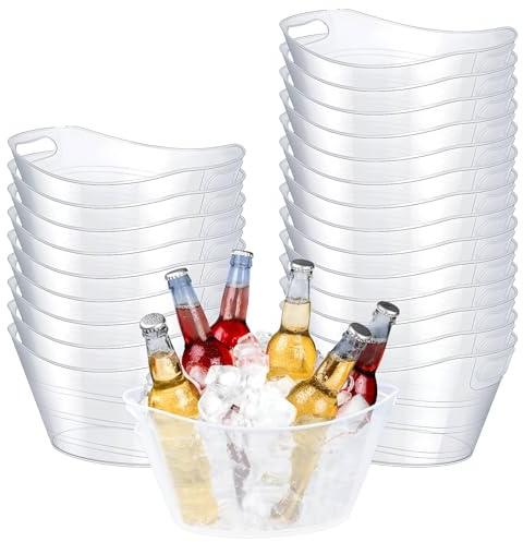 24 Pcs Large Plastic Ice Buckets Bulk, 4.5L Oval Beverage Tubs with Handles for Wine Beer Champagne, Clear Drinks Cooler Buckets for Garden Parties, BBQ & Catering, Weddings