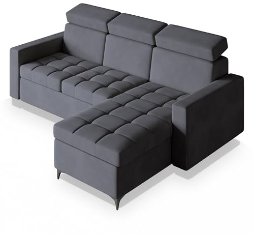 Masseno Ecksofa Kame mit Schlaffunktion L-Form, Sofa mit Bettkasten, Wohnzimmersofa, Couch, Soffa, Bettsofa, Couchgarnitur- Grau, Paros 06