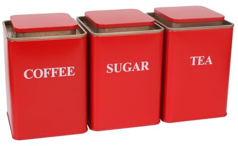 Hylruu Vorratsdosen für Tee, Kaffee, Zucker, 3 Stück, Metall, quadratisch, 1400 ml, rotes Dosen-Set mit Metallschale, Aufbewahrungsbehälter für trockene Lebensmittel, für Tee, Kaffee und Zucker