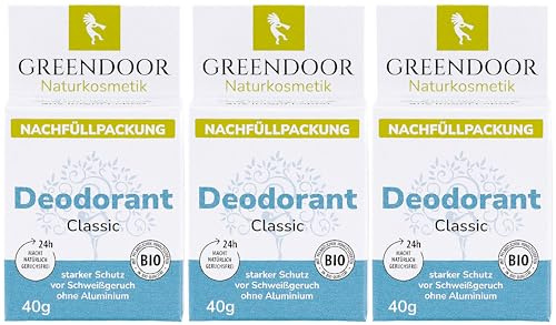 GREENDOOR Deodorant Refill System, 3 * 40g Refills classic, nachfüllbares festes Deo ohne Aluminium, sicherer starker Schutz, vegan, dezenter unisex Duft, plastikfrei