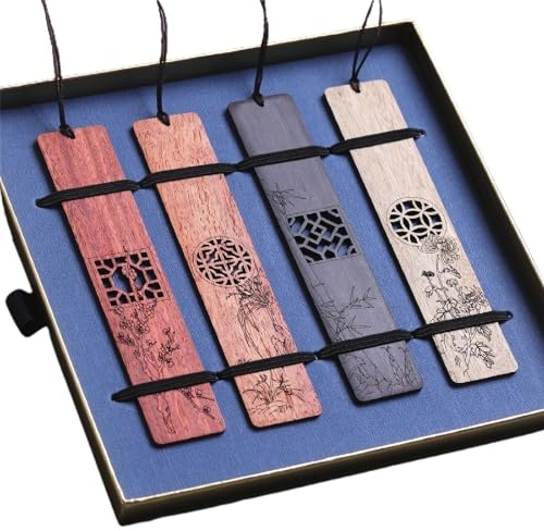 Lesezeichen Holz - 4 Stück Bookmark für Frauen Mann, komplizierte Hohl Handwerk mit Pflaume, Orchidee, Bambus, Chrysantheme Motive, Geschenk Box, elegante Buchliebhaber Geschenke & Home Decor
