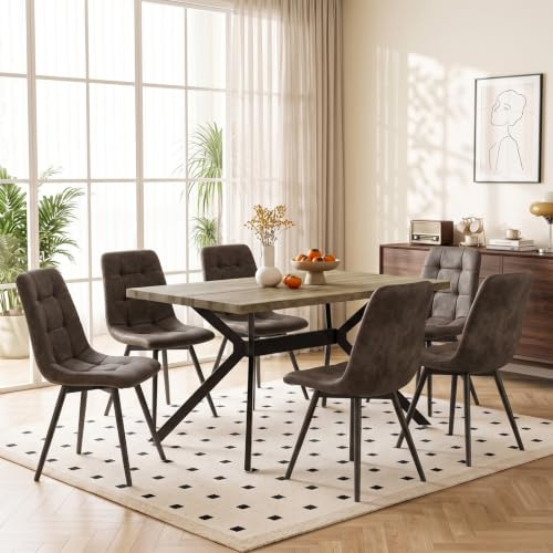 ANVOFONG Esstisch mit 6 Braun Stühlen,Esstisch in Naturholzfarbe | Essgruppen Esstischmit technisches Esszimmerstühle,Rechteckig Esstisch aus Holz,für Küche Esszimmer und Wohnzimmer