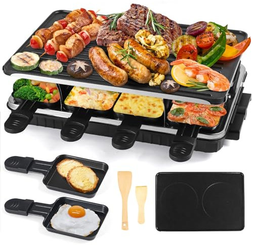 Raclette Grill 8 Person Indoor Grill Machine with 8 Mini Non-Stick Raclette Cheese Pan Electric Crepe Pancake Maker, 8 Wooden Spatulas Electric Barbecue Grills BBQ Health, 1300W