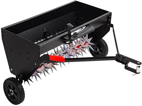 Suchtale Upgrade 40-Inch Tow Behind Spiker Seeder,Combination Tow Spike Aerator,Broadcast Spreader,Steel Hopper Lawn Drop Seed Fertilizer and Spreader,Lawn Soil Aerator Spikes Tractor