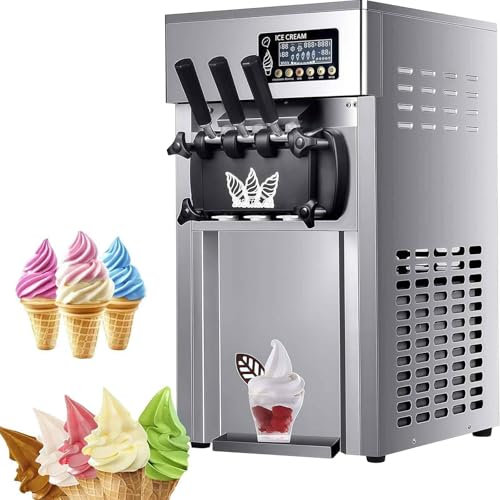 Commercial Triple Head Ice Cream Machine,18L/H Soft Serve Ice Cream maker With LED Screen&3Flavor Outlet,2 * 3L hopper Countertop ice cream machine With Pre-cooling Auto Clean,for Bars Coffee Shop