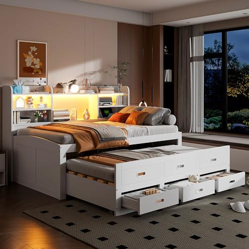 Zravenna Cama de día extensible de madera, 90 x 200 cm, cama nido con 3 cajones, mesita de noche, cama con somier, sin colchón. (blanco)