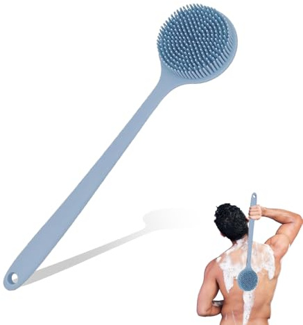 Body Shower Brush Back Scrubber Tool, Double-Sided Silicone Long Handled Spa Tool Perfect for Wet or Dry Skin, Dry Brushing, Cellulite Exfoliating Back and Body Washer(Blue)