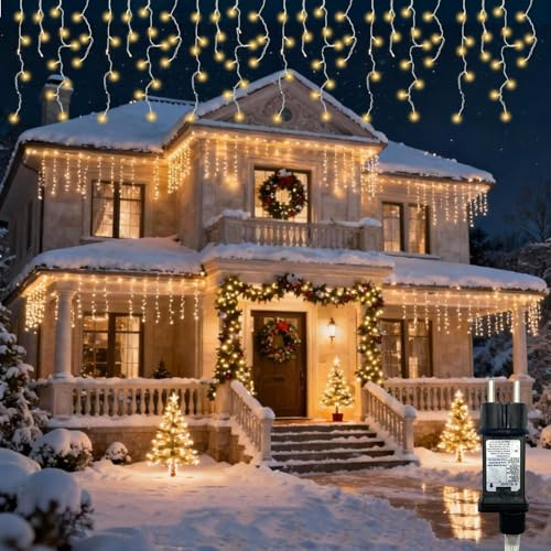 Opard Eisregen Lichterkette Außen 10,8 m 300 LEDs Warmweiß, Eiszapfen Weihnachtsbeleuchtung Außen, Lichtervorhang Aussen, Balkon, Dachrinne, Outdoor Weihnachtsbeleuchtung
