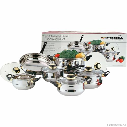 12-Piece Stainless Steel Saucepan and Cookware Set – Durable Pots and Pans with Glass Lids, Induction & Gas Hob Compatible, Easy-Clean Kitchen Cooking Equipment for Everyday Use