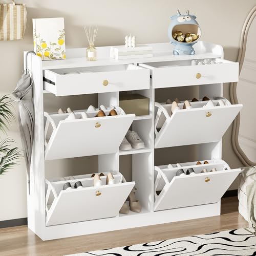 Kelodan Scarpiera 110 x 26 x 100 cm, elegante bianco con 4 ante pieghevoli, 2 cassetti, 3 scomparti aperti, perfetta per corridoi moderni e ingressi