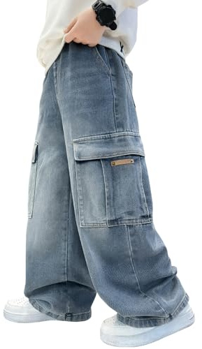 Happy Cherry - Vaqueros Holgados Niño Pantalones de Mezclilla Ancho Algodón Estilo Callejero Pantalón Jeans Vintage Infantil con Cintura Elástica para Verano Primavera Otoño Invierno - 110-164