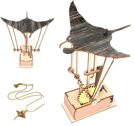 Scultura Elettrica di Manta in Legno Naturale con Batterie AA Incluse, Artigianato Meccanico Ingegnoso, Oggetto Volante Artigianale Unico, Decorazione Ispirata all’Oceano, Regalo di Natale Elegante