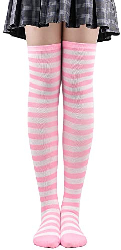 Namzi 1 par randiga lårhöga strumpor, mjuk och bekväm bomull över knästrumpor för vardaglig användning, enhetlig storlek, rosa A