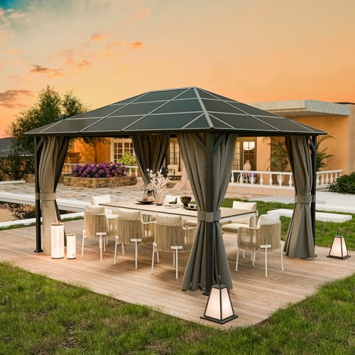 UDPATIO Tonnelle de Jardin 3x4m Imperméable - Toit UV Résistant avec Rideaux, Tonnelle Stabilisée pour Jardin, Terrasse (Gris)