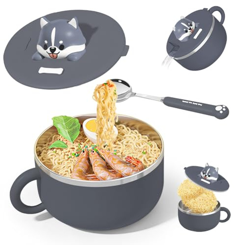 DASIAUTOEM ramen skål med lock, 1 200 ml omedelbar nudlar skål rostfritt stål, ramen skål soppskål med lock och gaffel ramen skål värmeisolering tätning för soppa nudlar dumplings sallader (B)