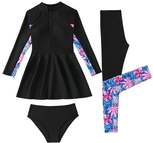 Girls' Burkini Swimsuit 3 Set Long Sleeve Modest Swimwear Girls Burkini Rash Guard Long Sleeve Swimsuits wim Shorts Swimwear Elastic Swimsuit Pants for Beach Pool (11-12 Years)