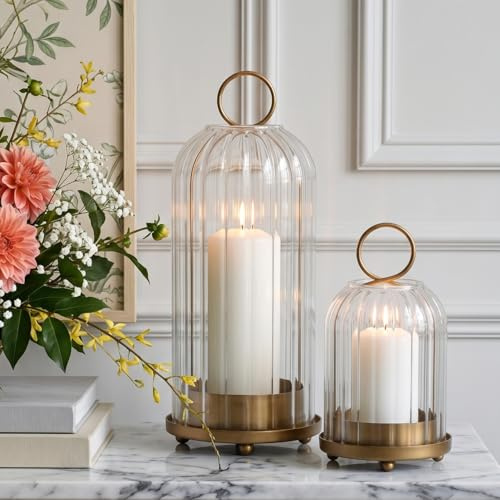 Ganwu 5 & 4 Metal Candle Holder with Ribbed Glass Candle Lanterns Set of 2, Vintage Windproof Hurricane Pillar Candle Holder, Decorative Table Centerpiece Patio Decor, Brass