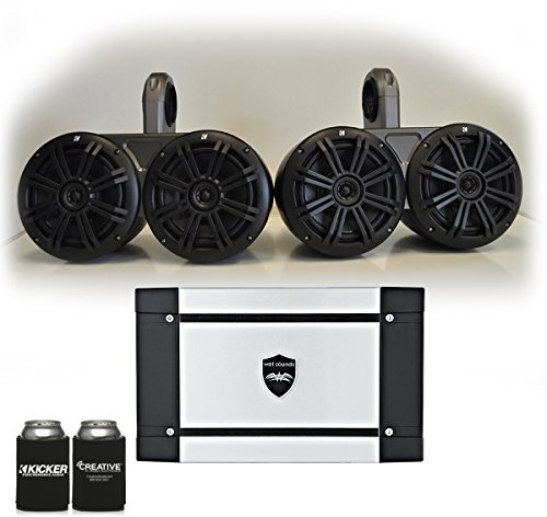KICKER Marine Dual Wake Tower System w/ 4 Charcoal 6.5 Speakers, Wet Sounds HT-4 400 Watt Marine Amp