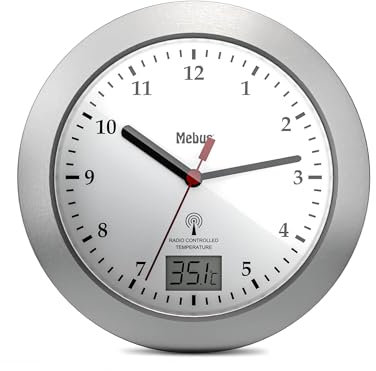 Horloge de Salle de Bain Radio-pilotée, Affichage numérique de la température, Cadre en Aluminium, ventouses, Cadran Blanc, modèle 41124 - Pratique et étanche - Blanc