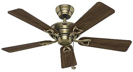 HUNTER FAN Deckenventilator Seville 112 cm InnenOhne Licht und Zugkette, Messing antik, 5 Umdrehbare Flügel in Walnussbaum und Eiche medium, Ideal für Sommer oder Winter, Modelnr. 24034