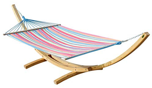 ALEOS. AS-S 410cm XXL Hängemattengestell Natur-BUNT Hängematte mit Gestell aus Holz Lärche Natur mit Stabhängematte gestreift