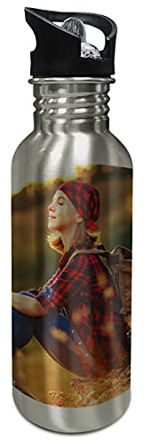LolaPix Personalisierte Flasche. Edelstahlflasche mit Foto. Wasserflasche. Wasserflasche. Wasserflasche. BPA-frei. 600ml. STROHHALMVERSCHLUSS SILBERFARBEN
