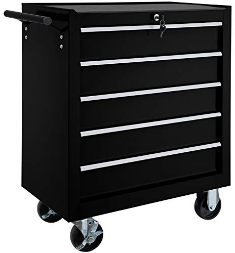tectake® Werkzeug Wagen mit 5 Schubladen, Werkstattwagen, Tool Werkzeugwagen fahrbar, Werkzeugtrolley, Werkzeugkiste groß, Werkzeugkoffer leer, Stahlschrank - schwarz