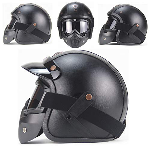 MRDEAR Jethelme Vintage mit Visier Brille Maske, Matt Schwarz/Handgemachtes/PU-Leder, Rollerhelm Retro Unisex Scooter-Helm Roller Chopper Bobber Sturz-Helm Motorradhelm Damen Herren,S
